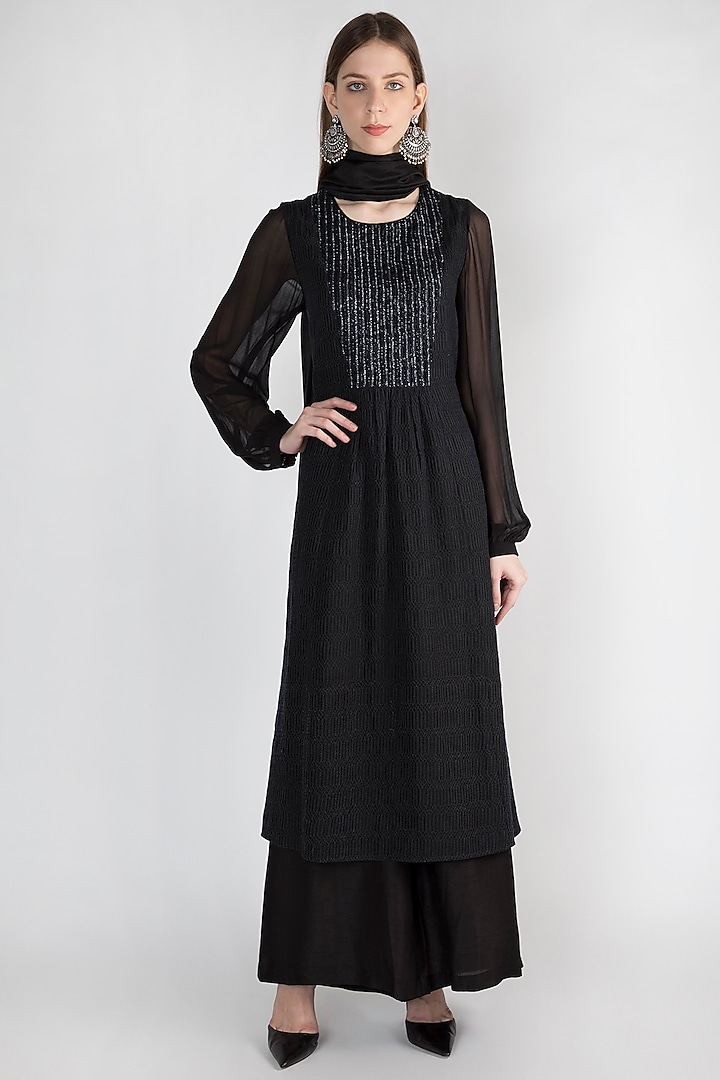 Black Cotton Satin Cutdana Embroidered Tunic Set by ROCKY STAR