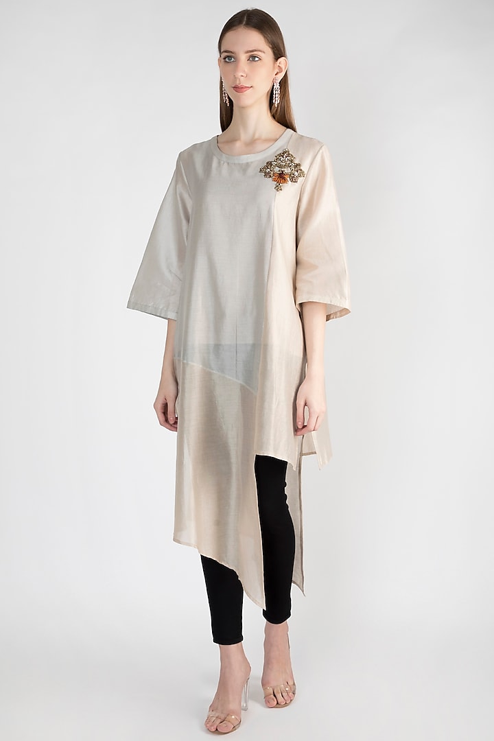 Beige Embroidered Asymmetrical Tunic With Inner by Rocky Star