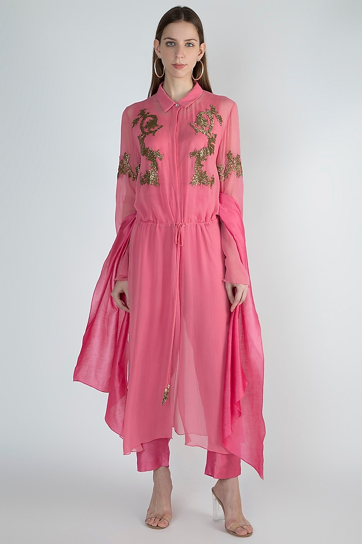 Pink Chanderi Cutdana Embroidered Tunic Set by ROCKY STAR