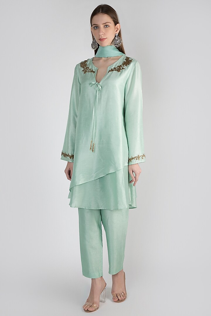 Sage Green Chanderi & Raw Silk Tassels Embroidered Tunic Set by ROCKY STAR