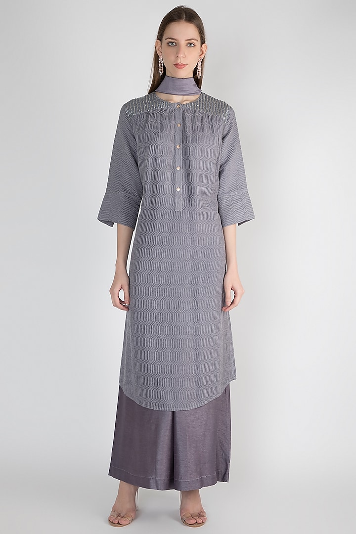 Grey Cotton Satin Cutdana Embroidered Tunic Set by ROCKY STAR