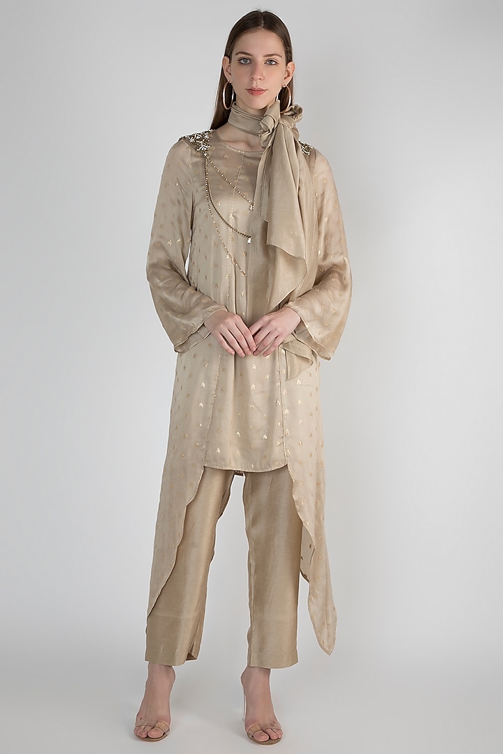 Beige Chanderi Pearl Embroidered Tunic Set With Inner Slip by ROCKY STAR