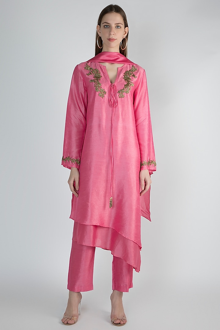 Pink Chanderi & Raw Silk Tassels Embroidered Tunic Set by ROCKY STAR