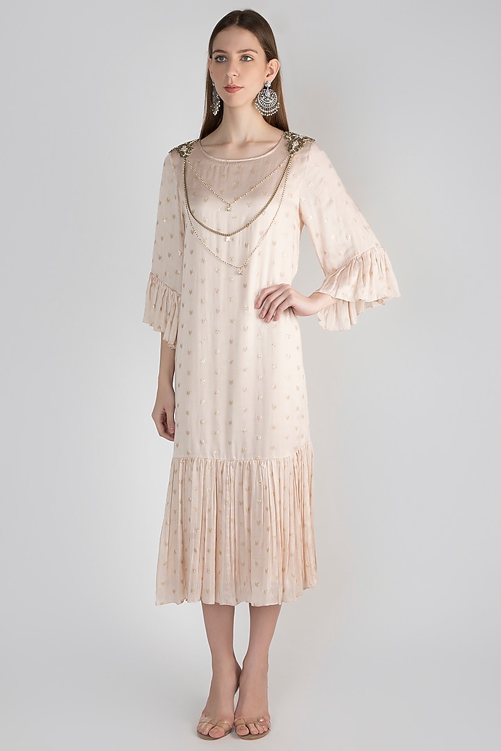 Beige Hand Embroidered Tunic With Inner Slip by Rocky Star