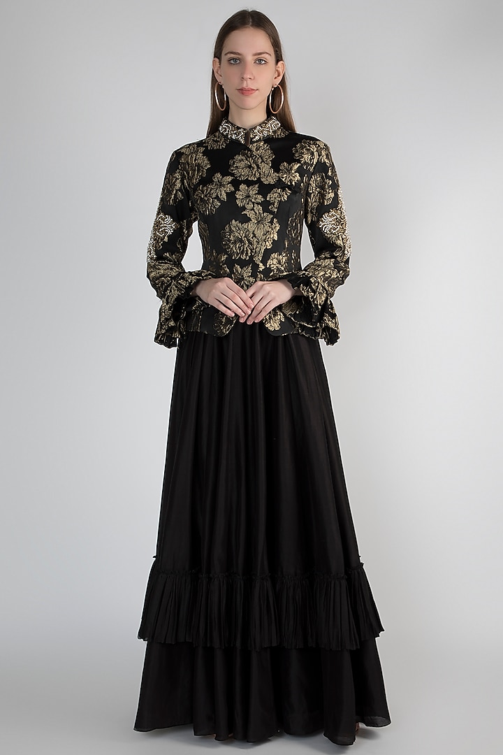 Black Embroidered Jacket With Skirt by Rocky Star
