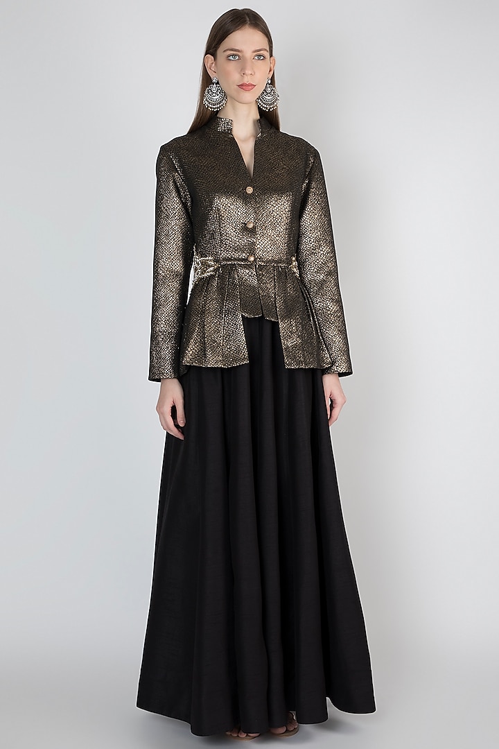 Golden Embroidered Jacket With Skirt by Rocky Star