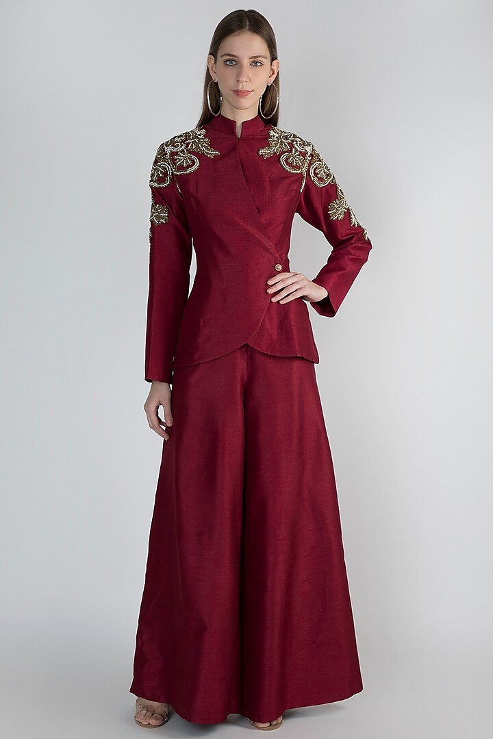 Maroon Embroidered Jacket With Pants by Rocky Star