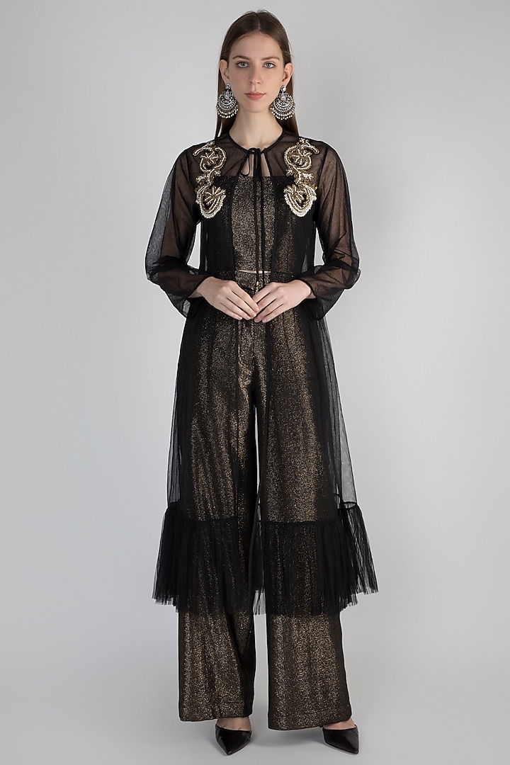Black Embroidered Jacket With Top & Pants by Rocky Star