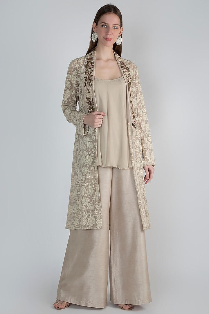 Beige Embroidered Jacket With Top & Pants by Rocky Star