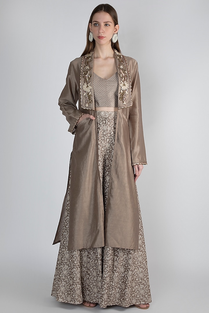 Brown Embroidered Jacket With Top & Palazzo Pants by Rocky Star