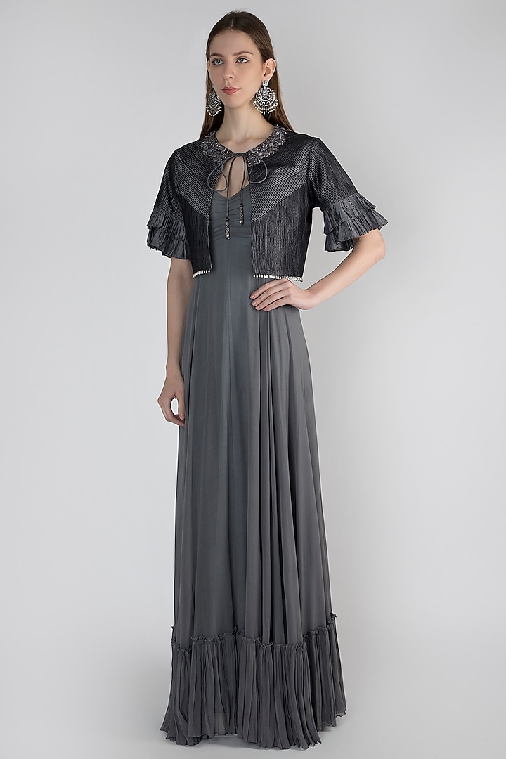 Grey Gown With Embroidered Jacket by Rocky Star