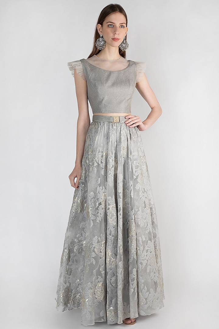 Grey Embroidered Top With Skirt by Rocky Star
