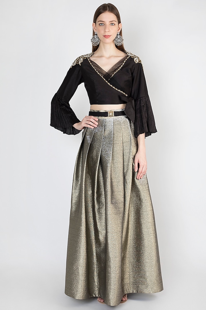 Black Embroidered Top With Skirt by Rocky Star