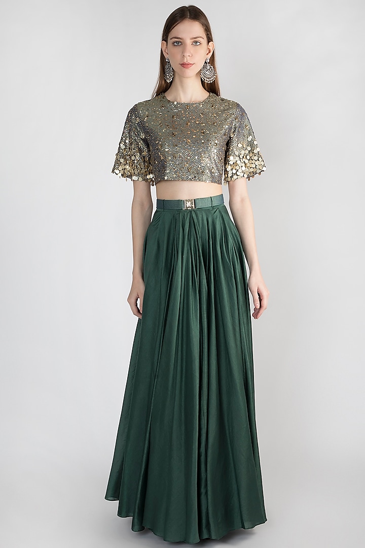 Olive Green Embellished Top With Skirt & Belt Design by Rocky Star at ...