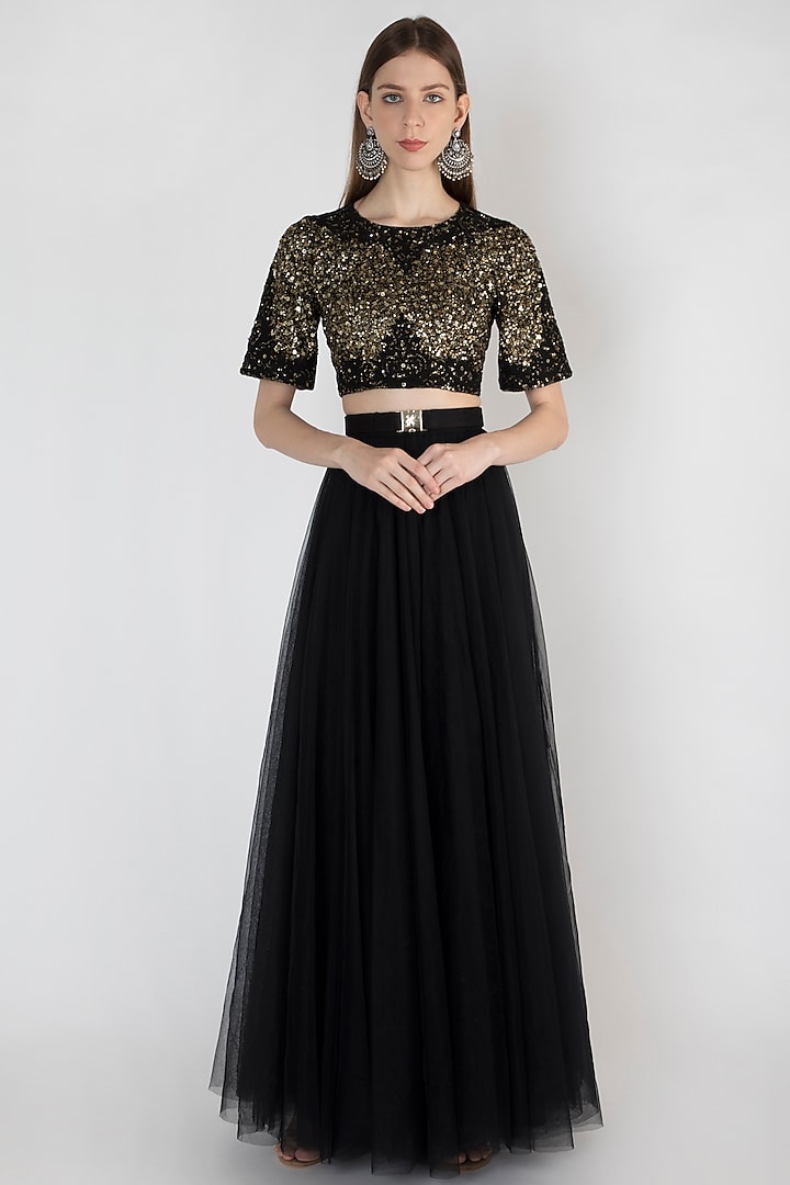 Black Embroidered Top With Skirt & Belt by Rocky Star