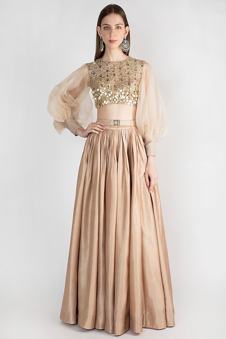 Beige Embroidered Top With Skirt & Belt by Rocky Star