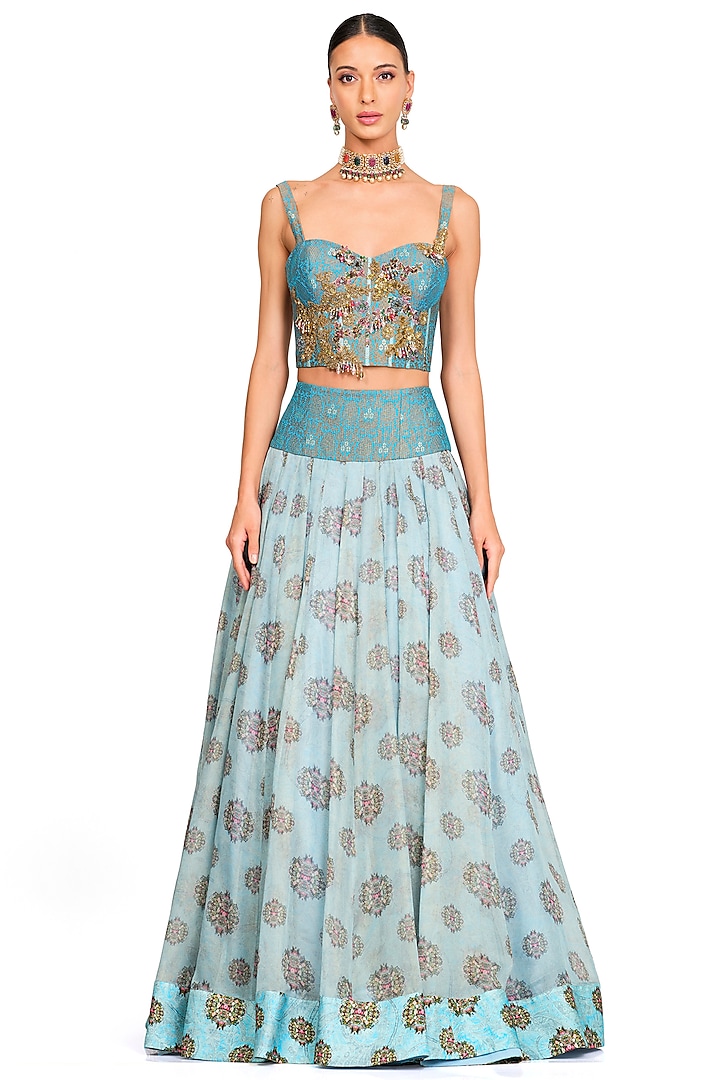 Light Blue Organza Wedding Lehenga Set by Rocky Star at Pernia's Pop Up Shop