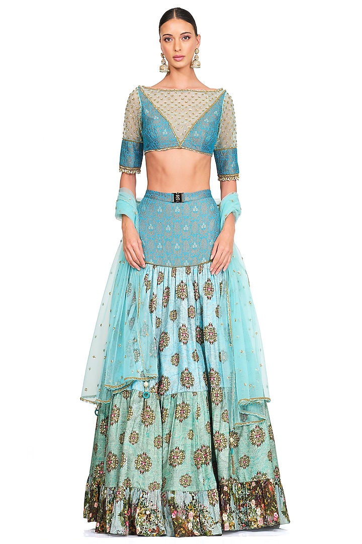 Powder Blue Floral Printed Wedding Lehenga Set by Rocky Star at Pernia's Pop Up Shop