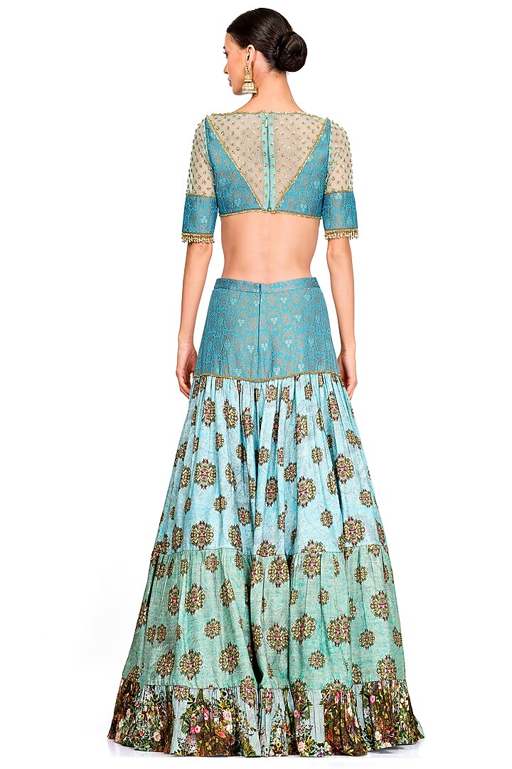 Powder Blue Floral Printed Wedding Lehenga Set by Rocky Star at Pernia's Pop Up Shop
