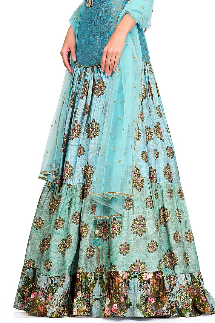 Powder Blue Floral Printed Wedding Lehenga Set by Rocky Star at Pernia's Pop Up Shop