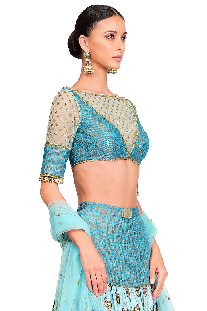 Powder Blue Floral Printed Wedding Lehenga Set by Rocky Star at Pernia's Pop Up Shop