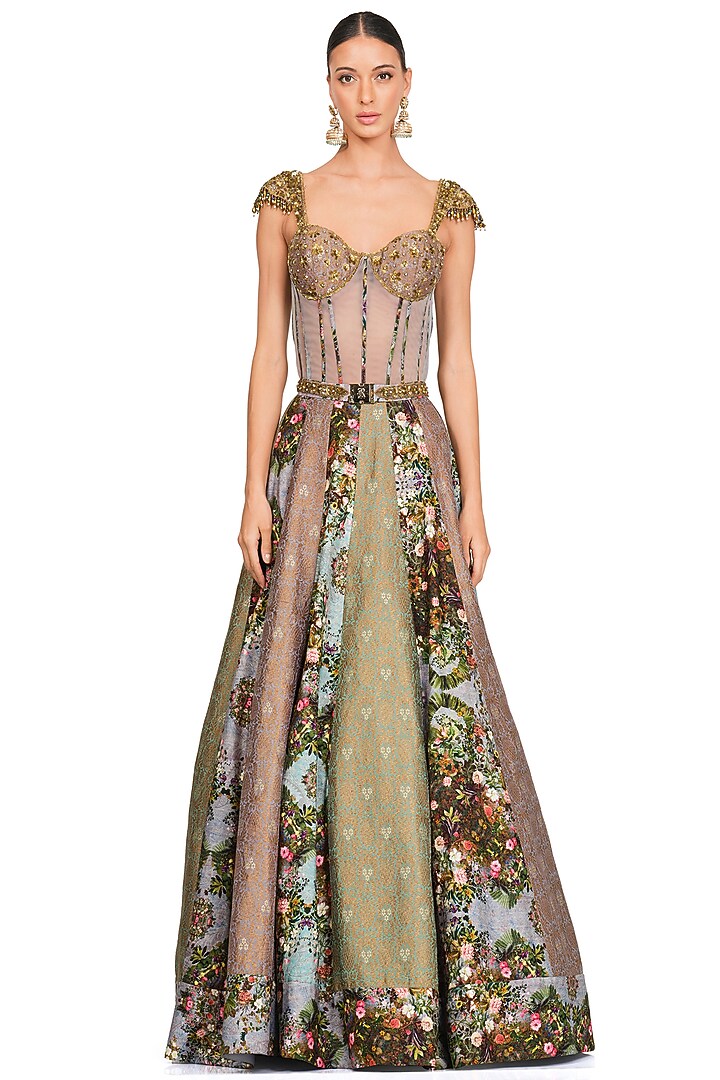 Grey Floral Printed Wedding Lehenga Set by Rocky Star at Pernia's Pop Up Shop