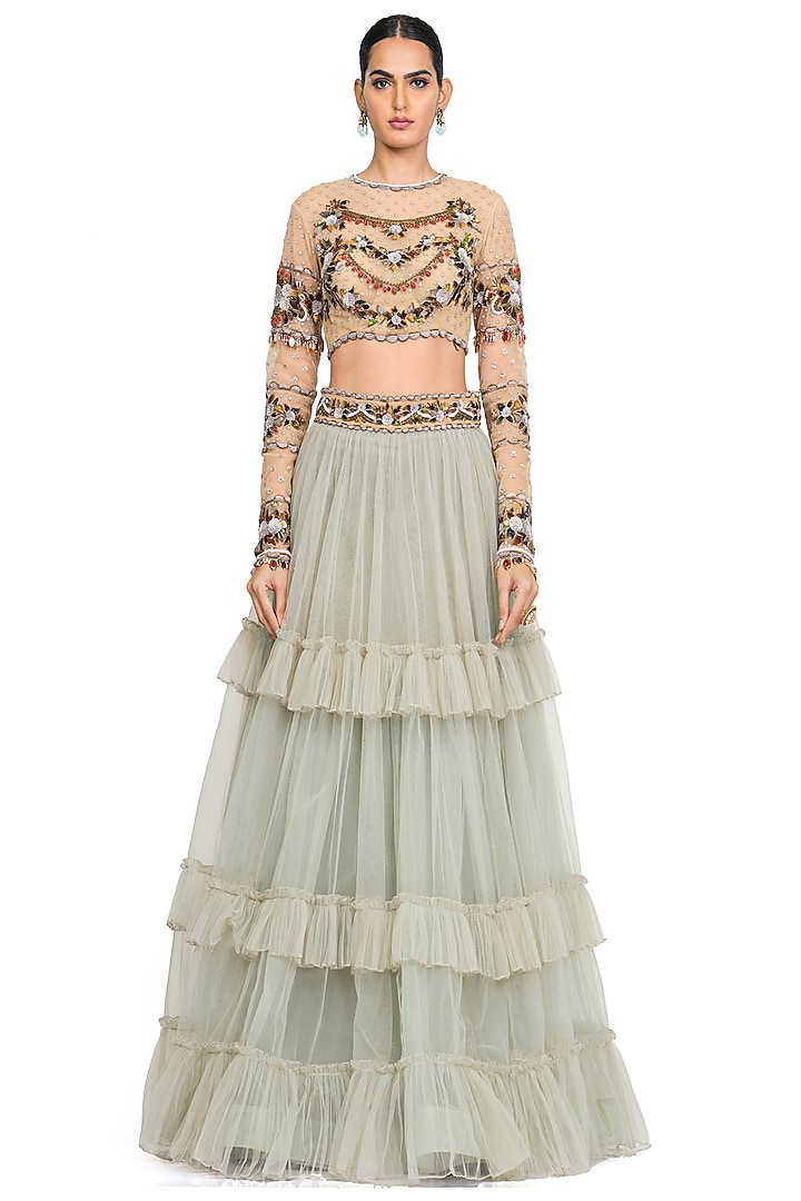 Light Pistachio Tulle Wedding Lehenga Set by Rocky Star at Pernia's Pop Up Shop