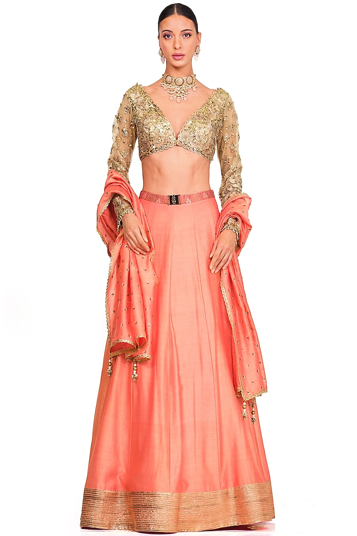 Peach Embroidered Lehenga Set by Rocky Star