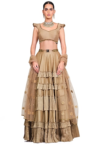 Taupe Silk Embroidered Lehenga Set by Rocky Star