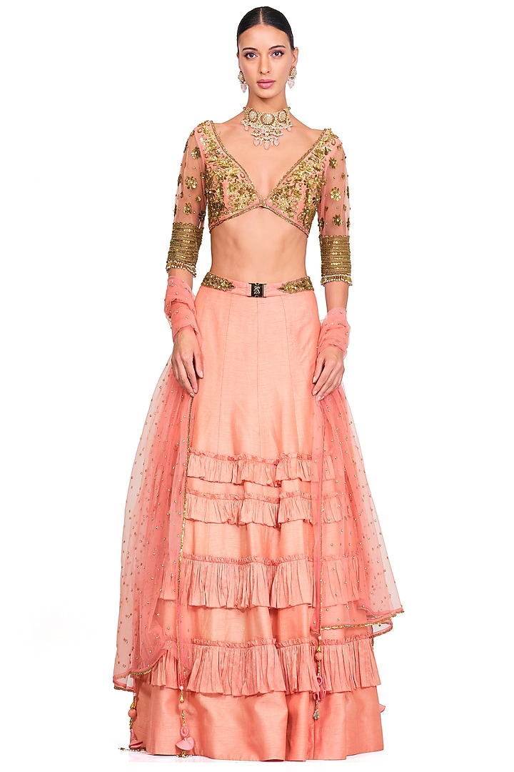 Peach Embroidered Wedding Lehenga Set by Rocky Star at Pernia's Pop Up Shop