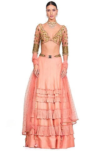 Peach Embroidered Lehenga Set by Rocky Star