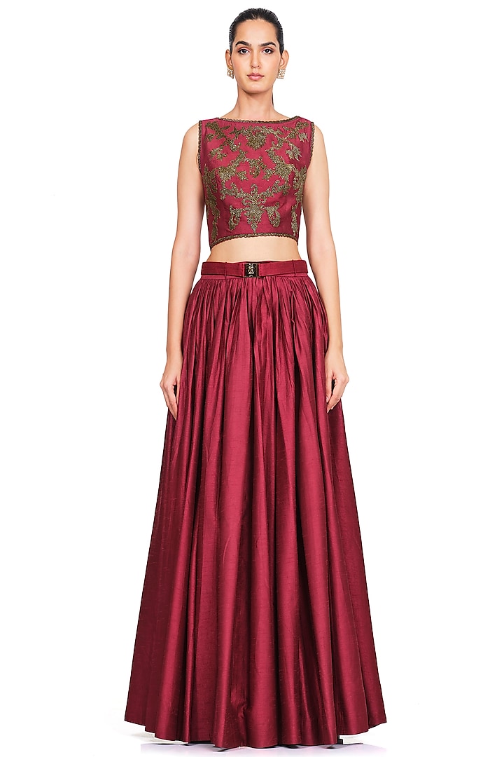 Maroon Embroidered Lehenga Set by Rocky Star