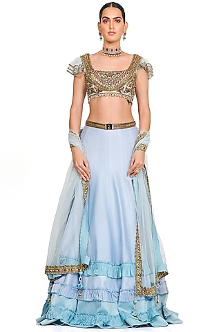 Powder Blue Embroidered Lehenga Set by Rocky Star