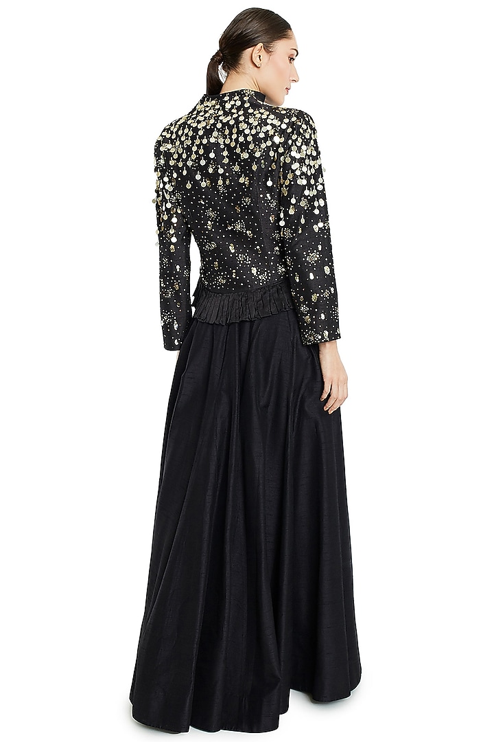 Black Silk Embroidered Jacket Wedding Lehenga Set by Rocky Star at Pernia's Pop Up Shop