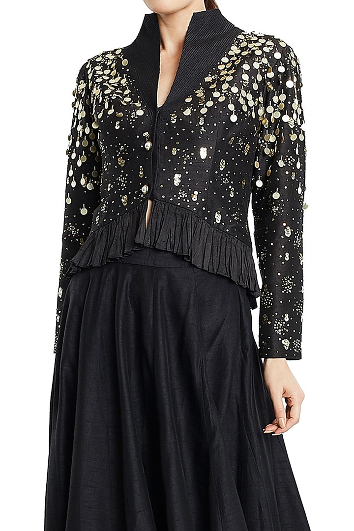 Black Silk Embroidered Jacket Wedding Lehenga Set by Rocky Star at Pernia's Pop Up Shop