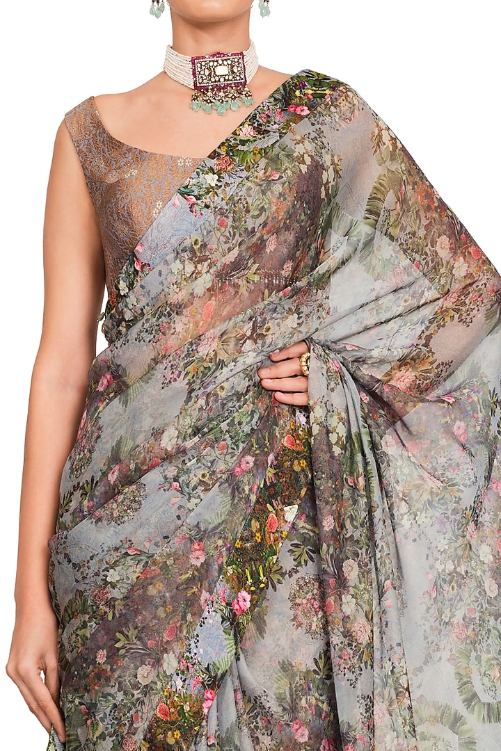 Multi-Colored Organza Printed & Tassel Embroidered Wedding Saree Set by Rocky Star at Pernia's Pop Up Shop