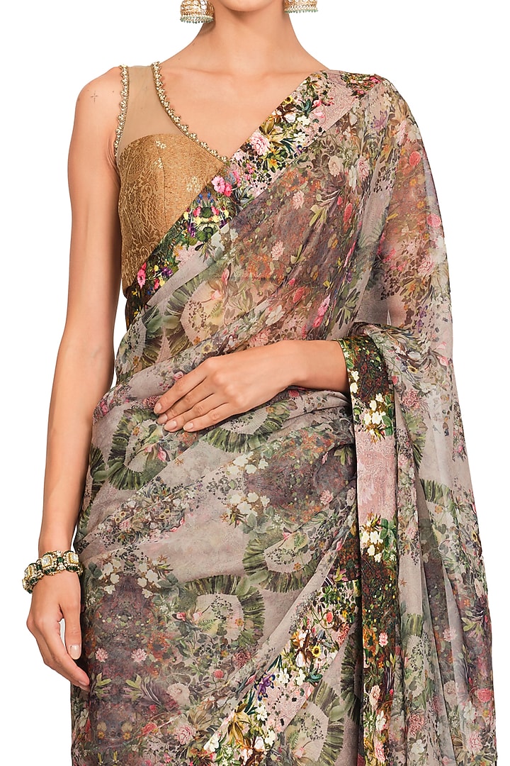 Multi-Colored Organza Printed & Tassel Embroidered Wedding Saree Set by Rocky Star at Pernia's Pop Up Shop