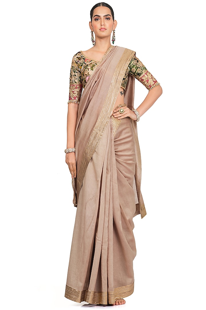 Beige Printed & Embroidered Saree Set by Rocky Star