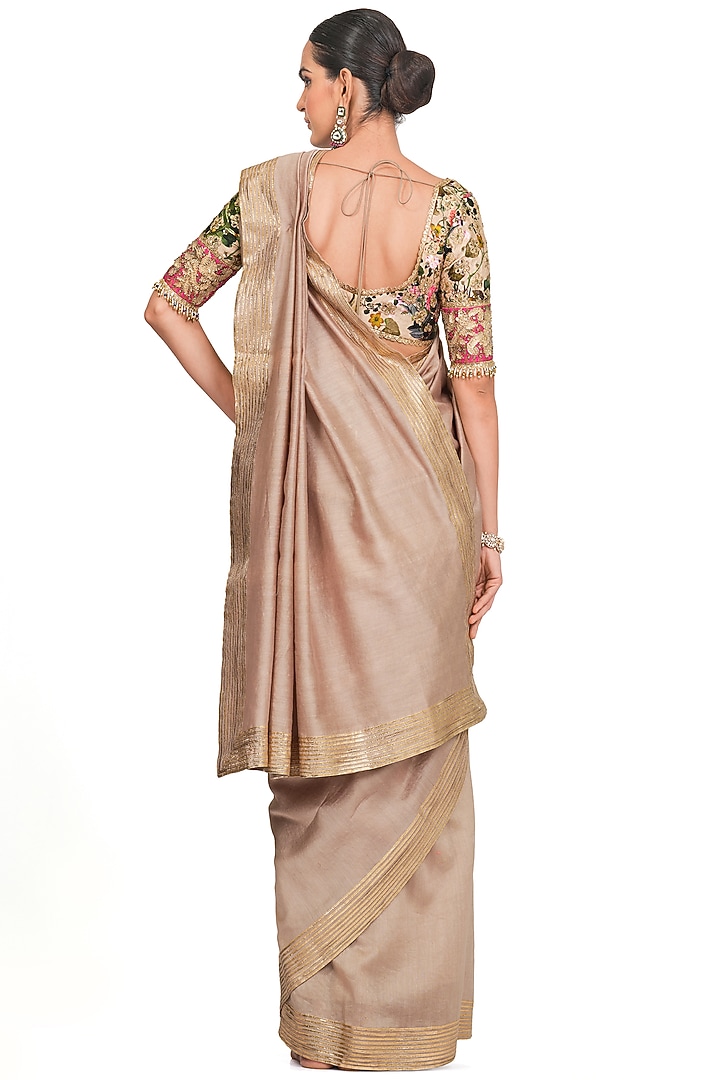 Beige Printed & Embroidered Wedding Saree Set by Rocky Star at Pernia's Pop Up Shop