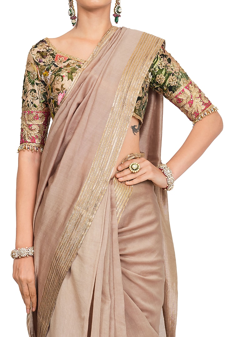 Beige Printed & Embroidered Wedding Saree Set by Rocky Star at Pernia's Pop Up Shop