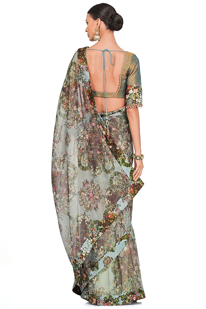 Multi-Colored Organza Printed & Tassel Embroidered Wedding Saree Set by Rocky Star at Pernia's Pop Up Shop