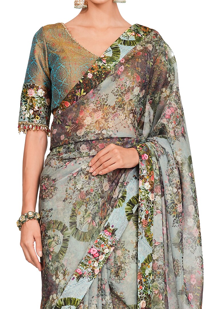 Multi-Colored Organza Printed & Tassel Embroidered Wedding Saree Set by Rocky Star at Pernia's Pop Up Shop