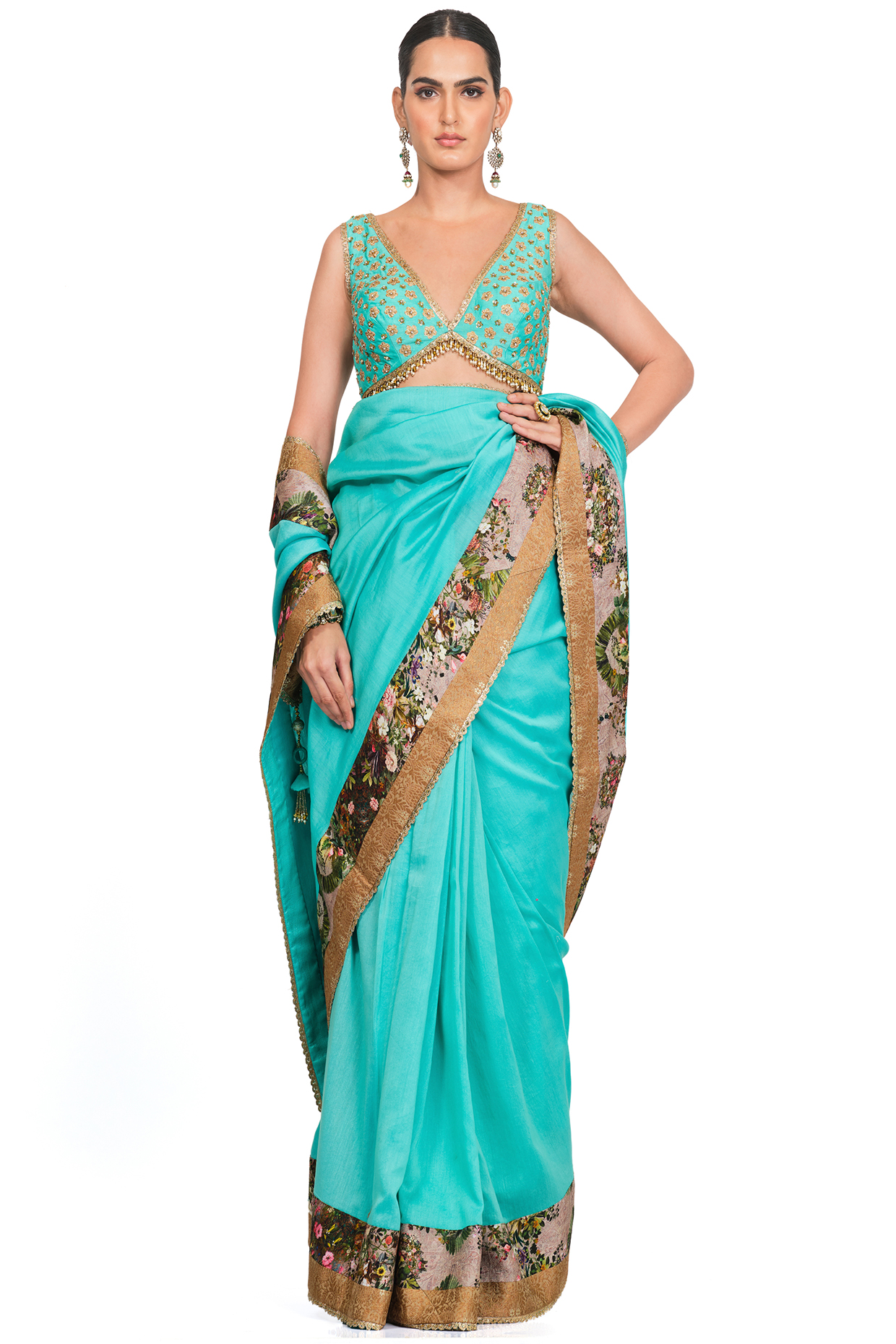 Turquoise Floral Printed Saree Set by Rocky Star