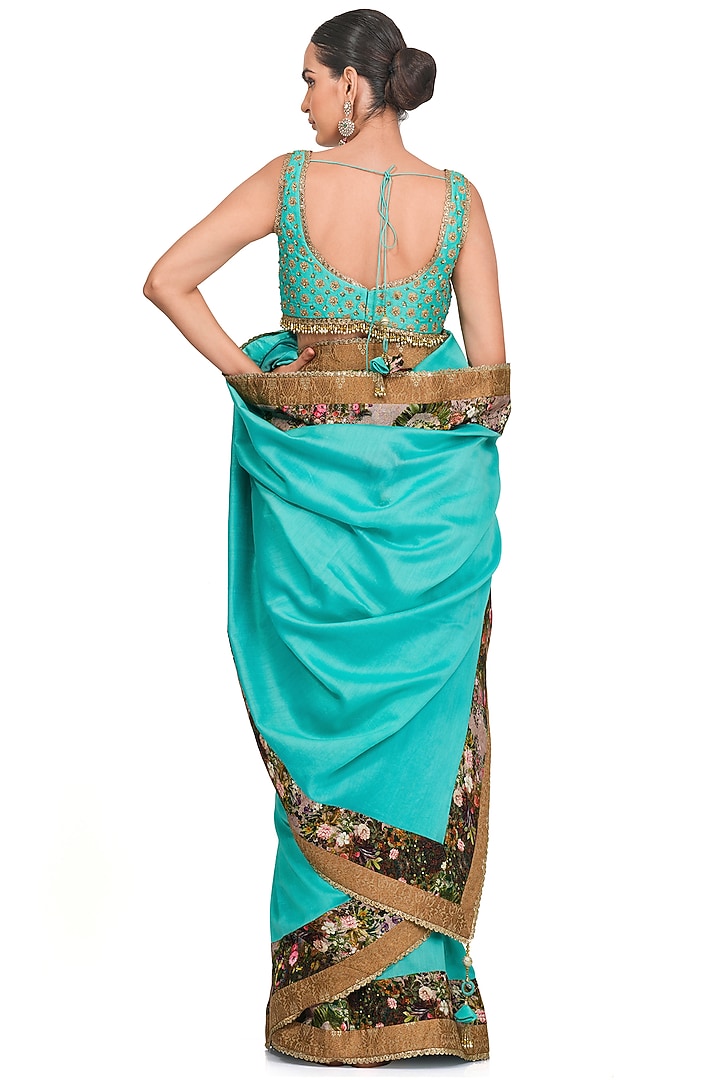 Turquoise Floral Printed Wedding Saree Set by Rocky Star at Pernia's Pop Up Shop