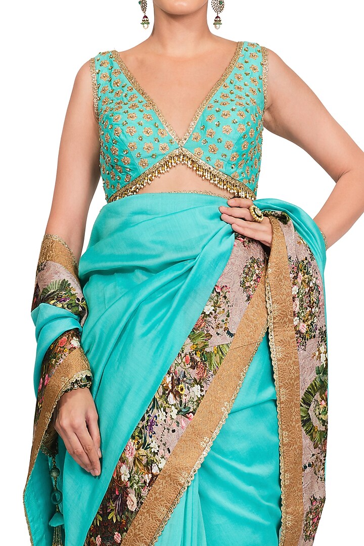 Turquoise Floral Printed Wedding Saree Set by Rocky Star at Pernia's Pop Up Shop