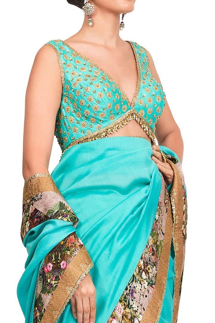 Turquoise Floral Printed Wedding Saree Set by Rocky Star at Pernia's Pop Up Shop