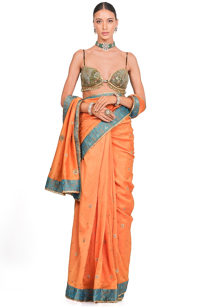 Orange Chanderi Embroidered Reception Saree Set by Rocky Star at Pernia's Pop Up Shop