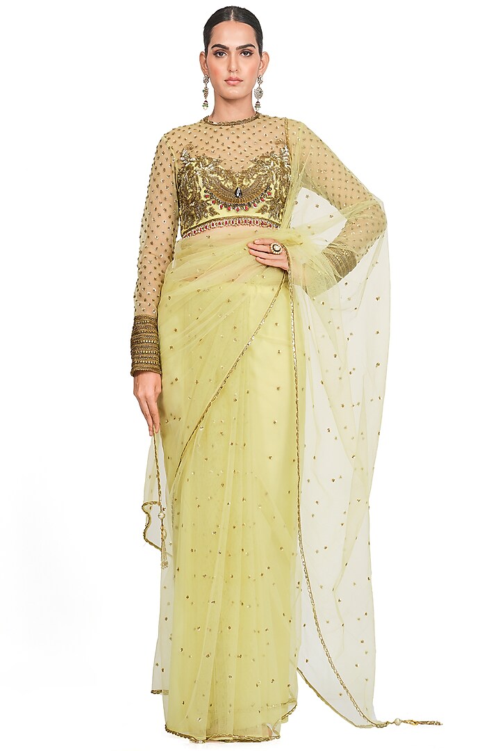 Light Yellow Embroidered Saree Set by Rocky Star