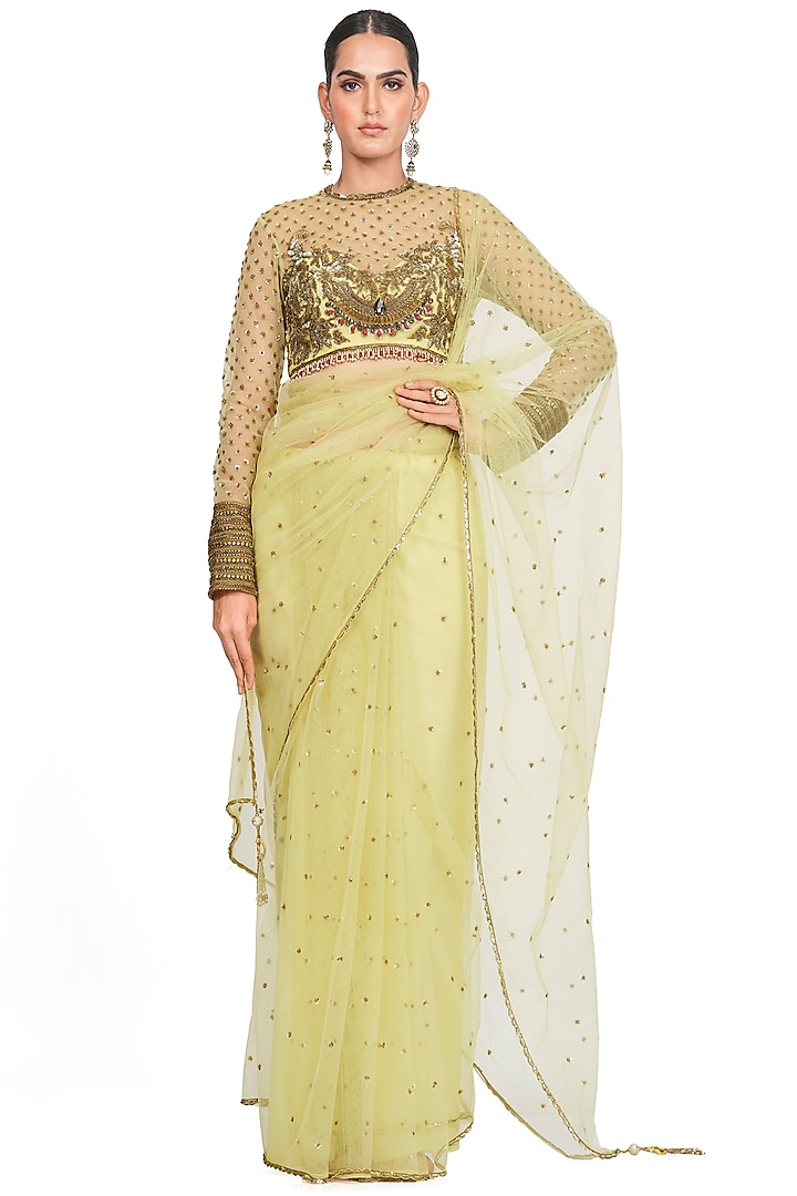 Light Yellow Embroidered Saree Set by Rocky Star at Pernia's Pop Up Shop