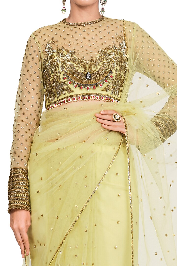 Light Yellow Embroidered Reception Saree Set by Rocky Star at Pernia's Pop Up Shop